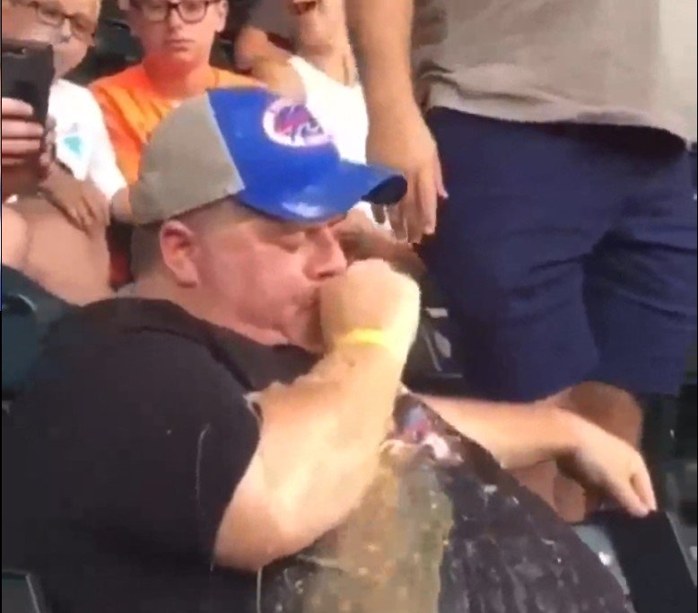 Man pukes on self at sports event (in a stadium), appears to try to be discreet…