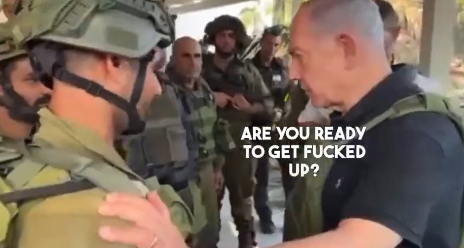 Jewish/Israeli/Polish/Khazarian Netanyahu speaks to the troops to give them confidence for battle.